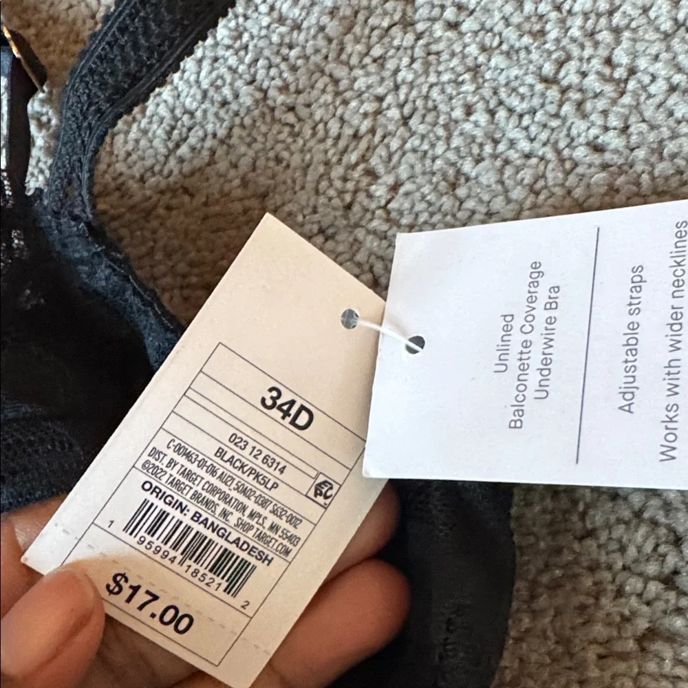 Auden Black Unlined Balconette Coverage Underwire Bra SIZE 34D